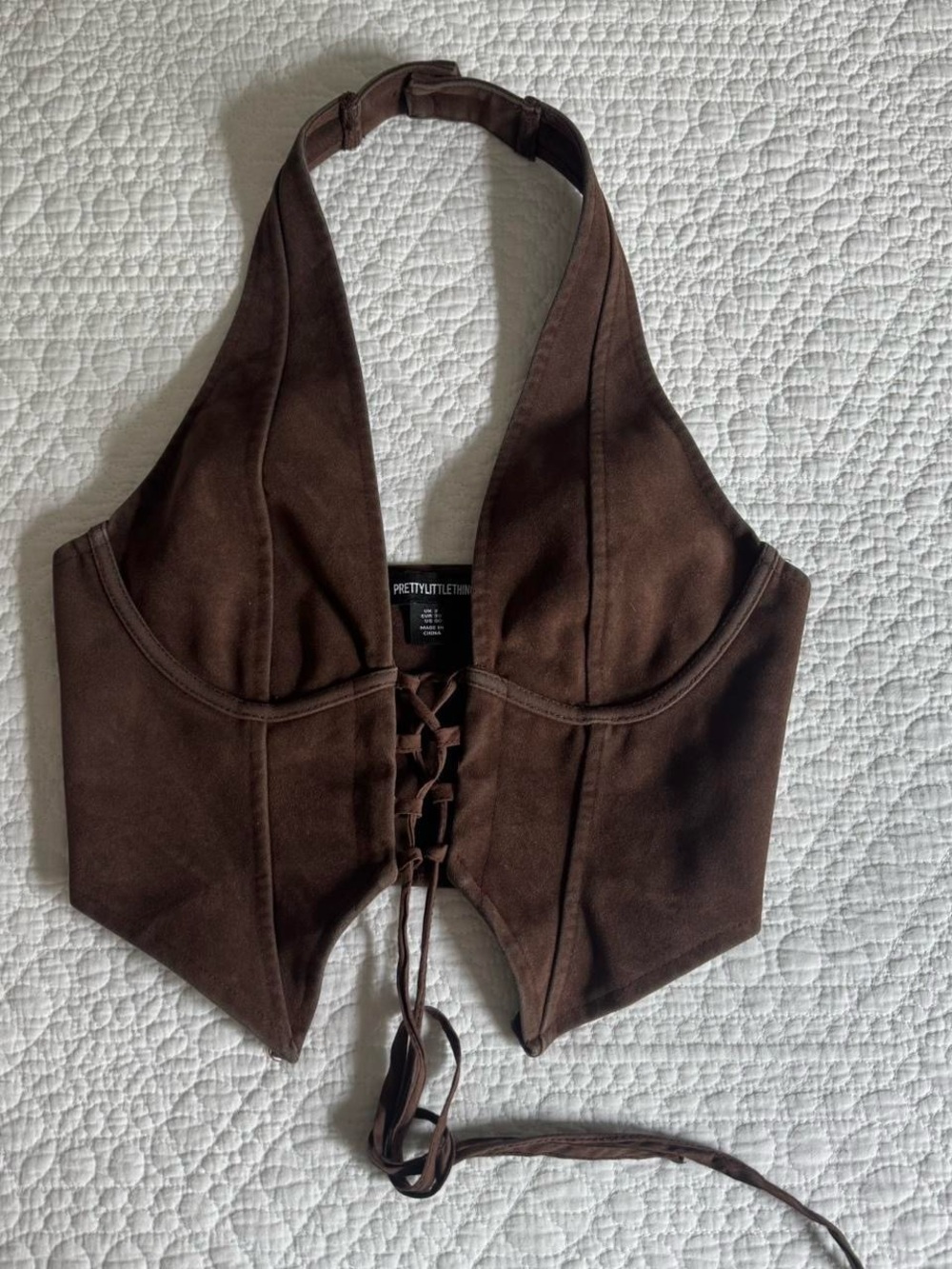Pretty Little Thing Dark Chocolate Faux Suede Lace Up Plunge Halter Suede Corset